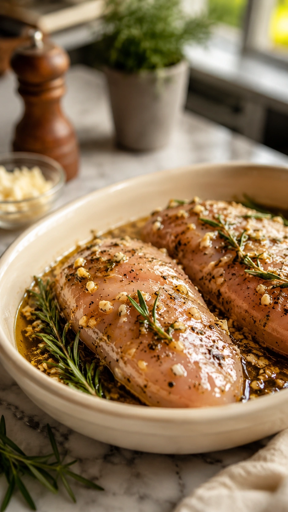 Two plump raw turkey tenderloins marinating in a garlic herb marinade with rosemary and olive oil in a ceramic dish on a marble counter.