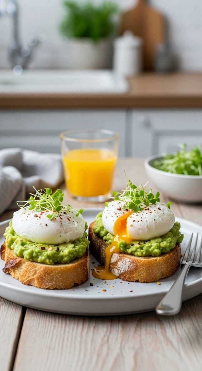 Two Poached Eggs On Mashed Avocado Sourdough Toast With Red Pepper Flakes And Microgreens On A Rustic Wooden Table.