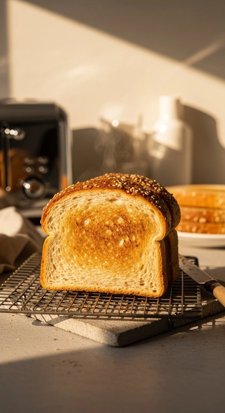 Two Thick Slices Of Golden-Brown Whole Wheat Bread Perfectly Toasted On A Wire Rack With A Butter Knife And Toaster.