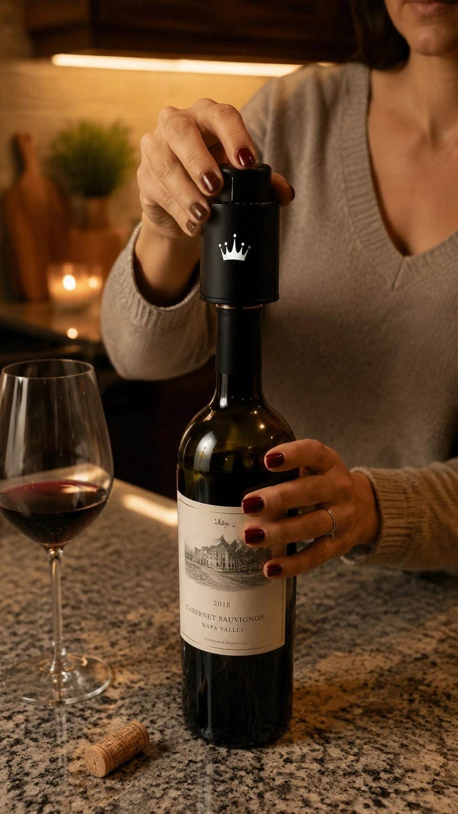 A Vinabon Vacuum Wine Stopper In A Bottle Stored Horizontally On A Wine Rack With A Paper Towel Underneath, Next To A Testing Notebook.