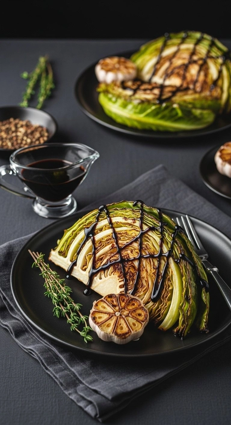 Vegan Balsamic Glazed Cabbage Steaks With Roasted Garlic On A Matte Black Plate In A Sophisticated Dining Setting.