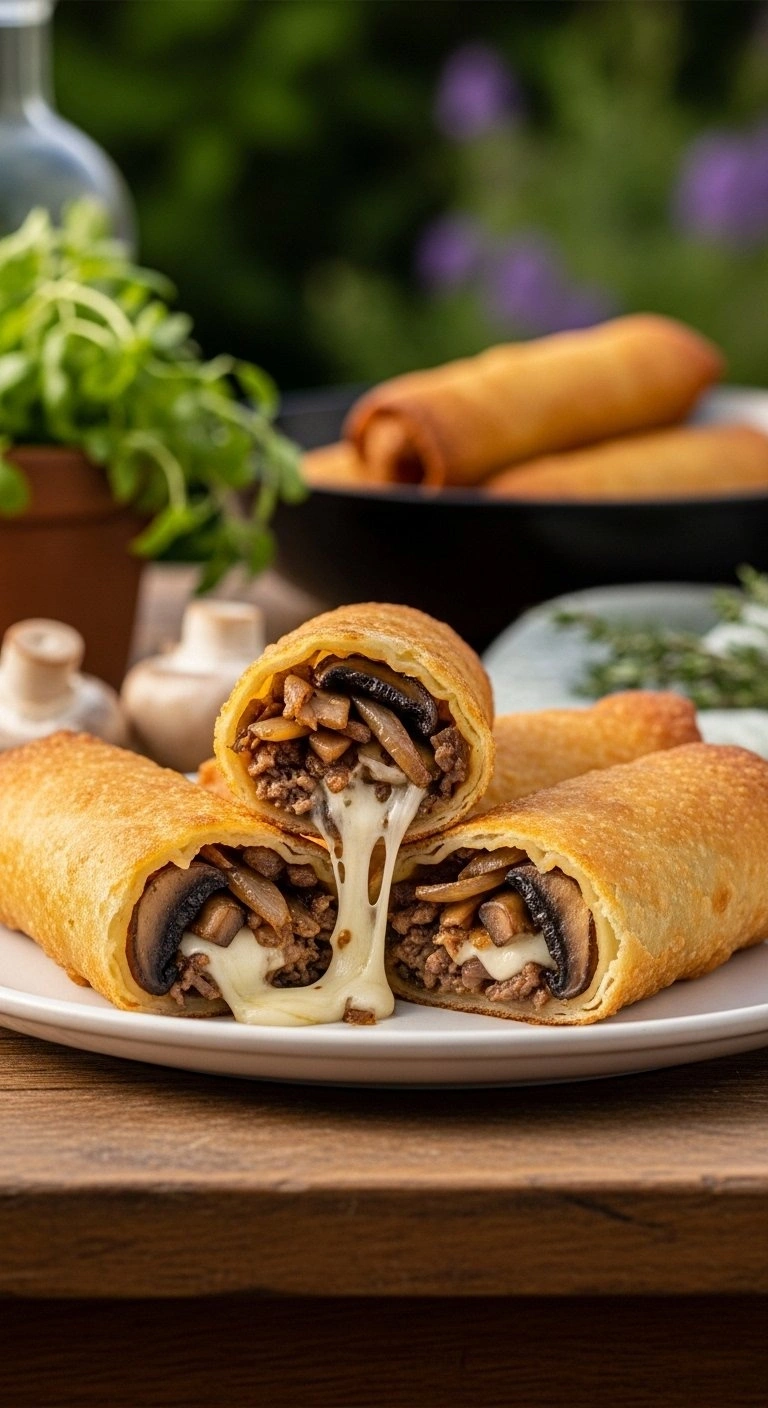 Vegetarian Mushroom Philly Cheesesteak Egg Rolls With Caramelized Portobello And Mozzarella On A Wooden Table.