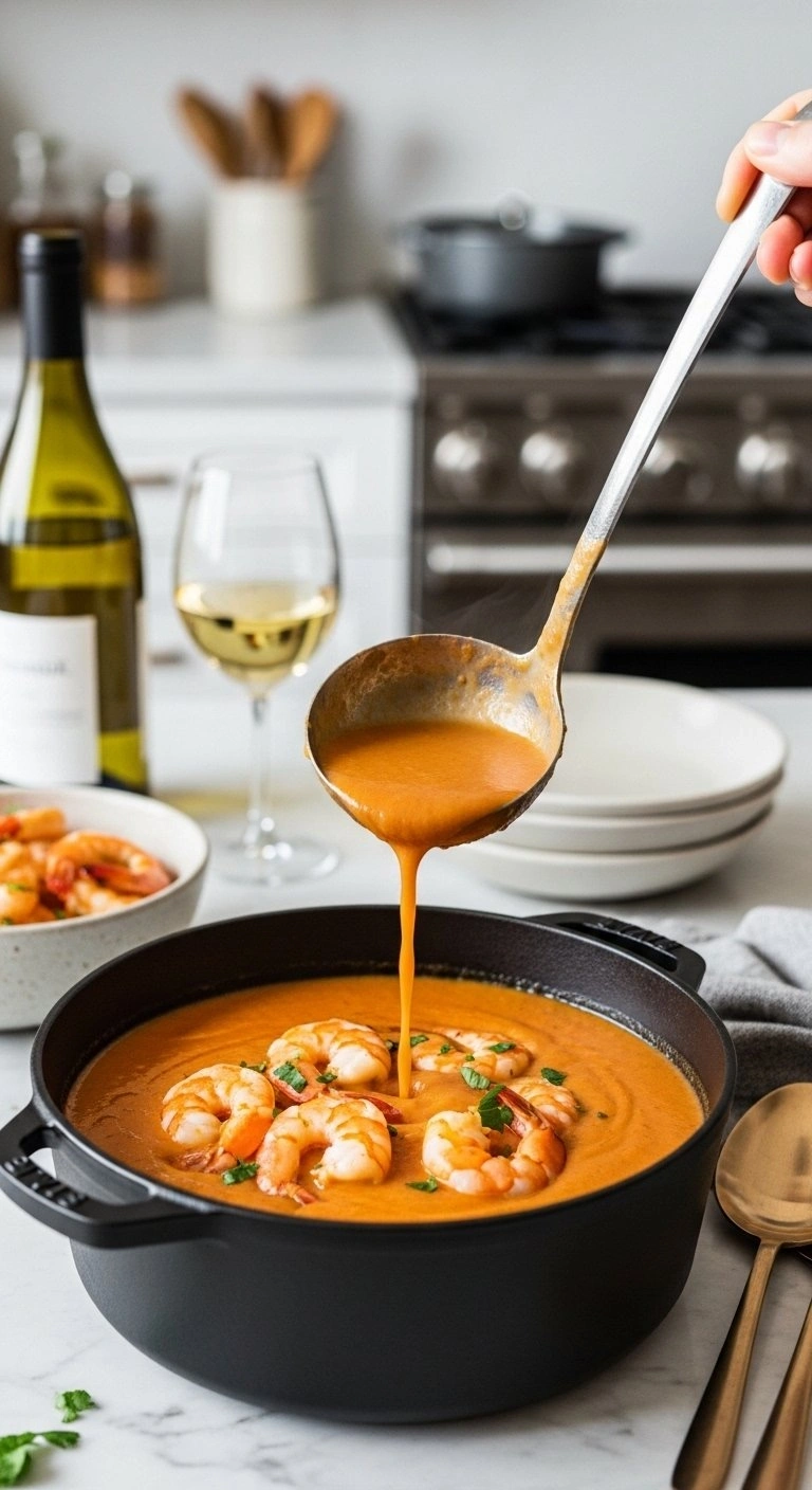 Velvety High-Protein Seafood Bisque Chili With Large Shrimp Being Ladled Into A Bowl On A Marble Countertop.