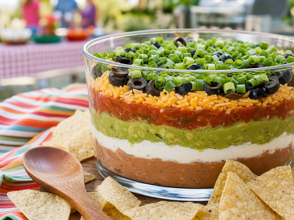 Vibrant 7-layer taco dip with distinct layers of beans, guacamole, and cheese in a glass dish with corn chips.