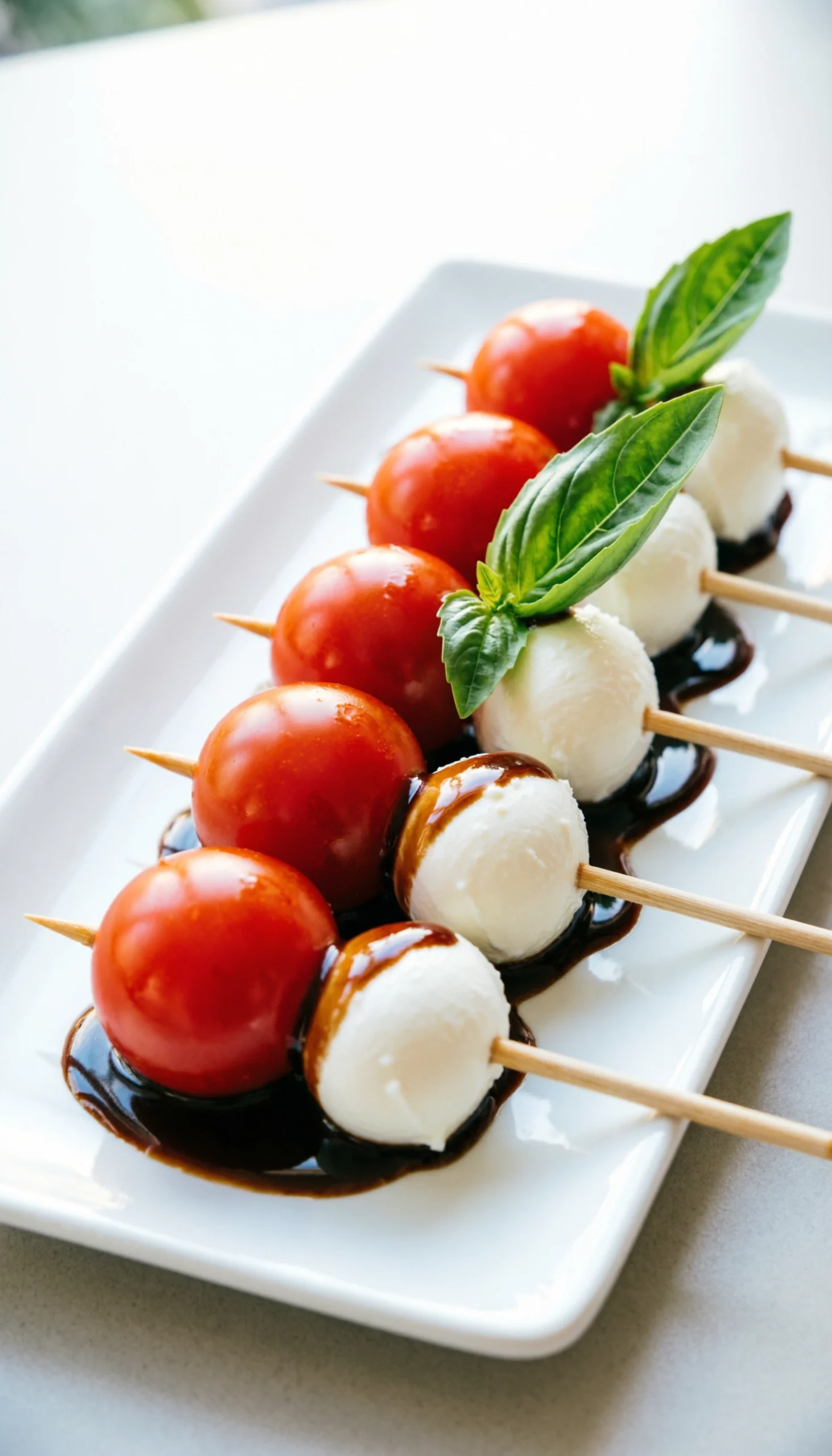 Vibrant Caprese skewers with cherry tomatoes, mozzarella, and basil drizzled with balsamic glaze on a white platter.