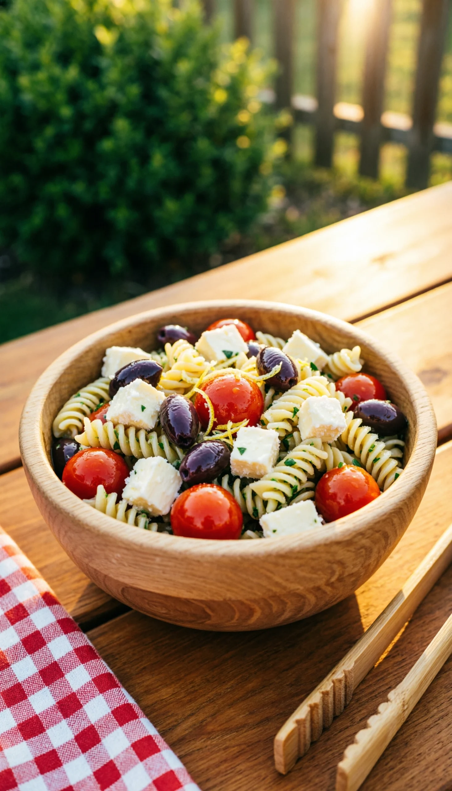 Vibrant Greek pasta salad with rotini, kalamata olives, and feta cheese in a rustic wooden bowl on a picnic blanket.