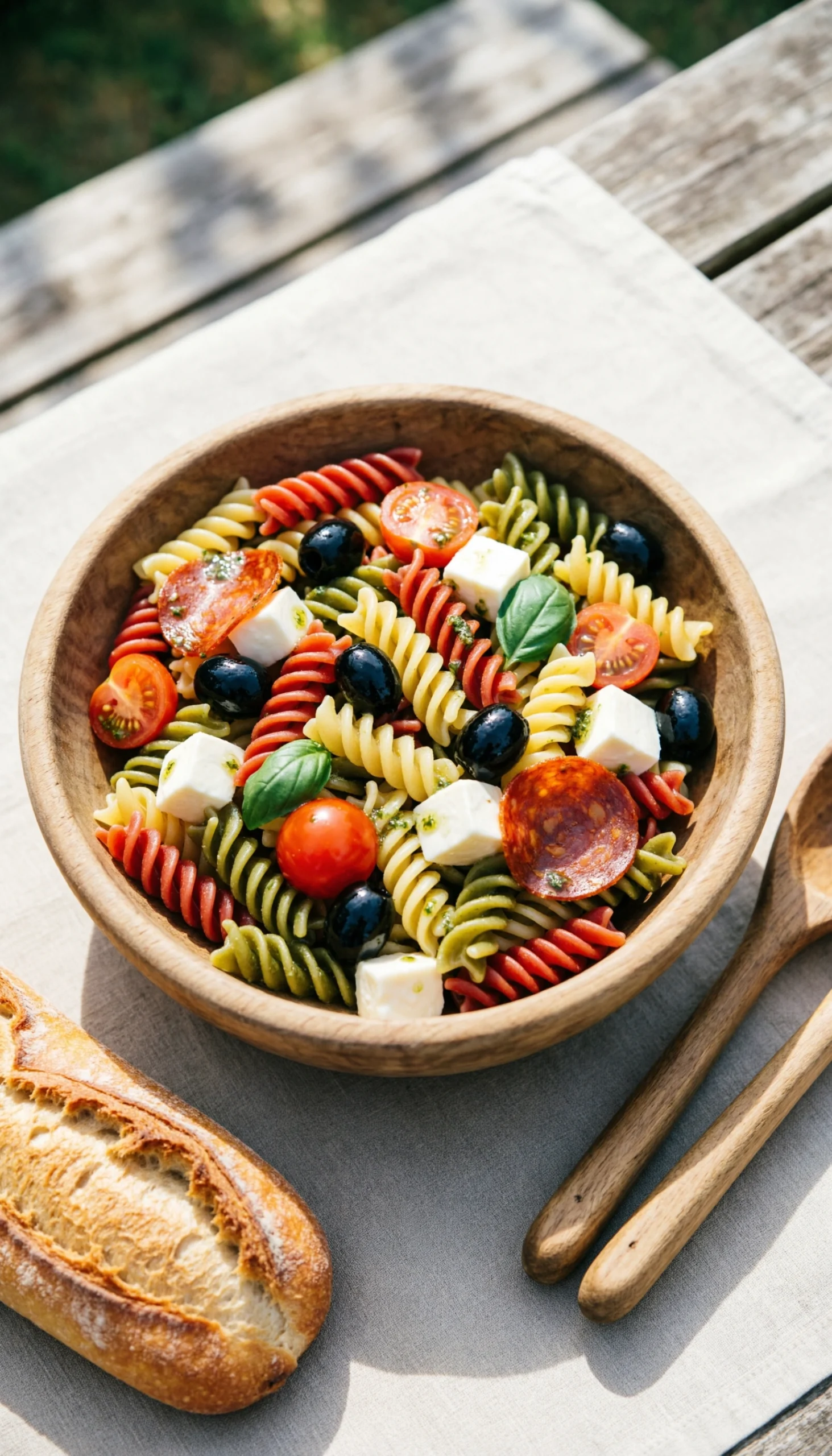 Vibrant Italian pasta salad with rotini, olives, and mozzarella in a wooden bowl for a sunlit outdoor picnic.