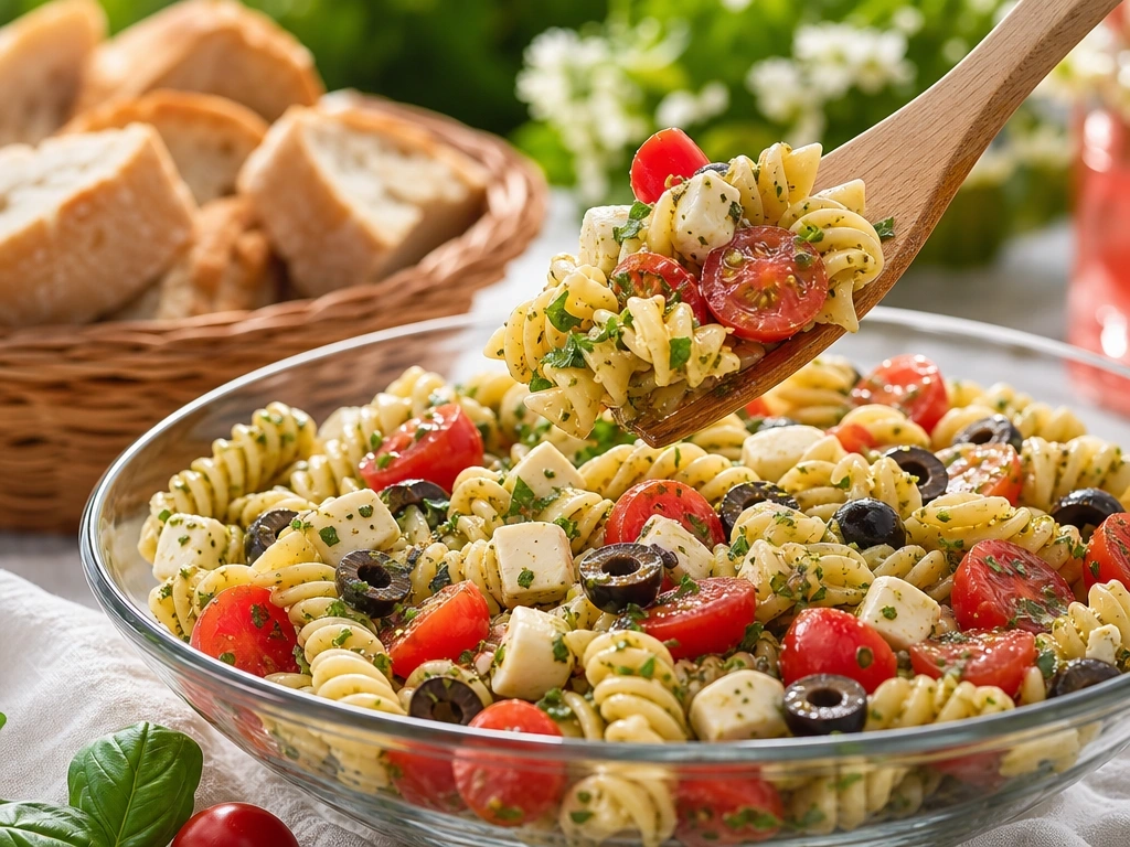 Vibrant Italian pasta salad with rotini, tomatoes, olives, and mozzarella in a glass bowl at an outdoor picnic.