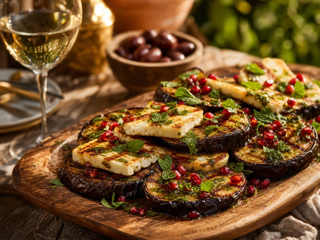 Vibrant Mediterranean grilled eggplant and Halloumi platter, drizzled with olive oil, fresh mint, and pomegranate seeds.