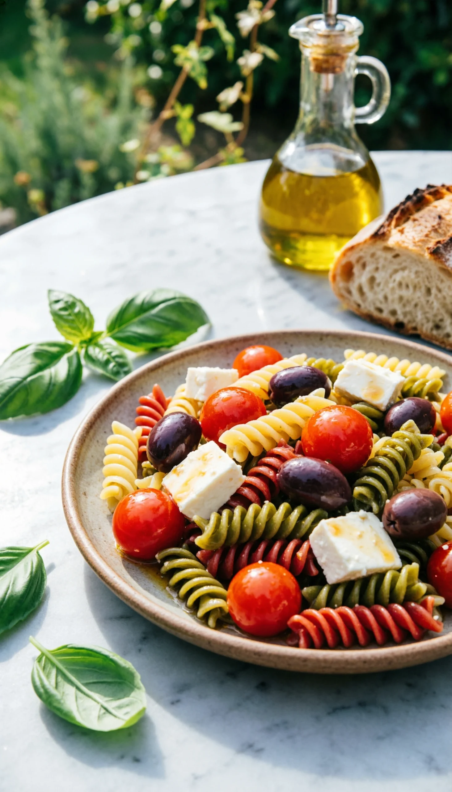 Vibrant Mediterranean pasta salad with tri-color rotini, olives, feta, and cherry tomatoes on a platter for a garden party.