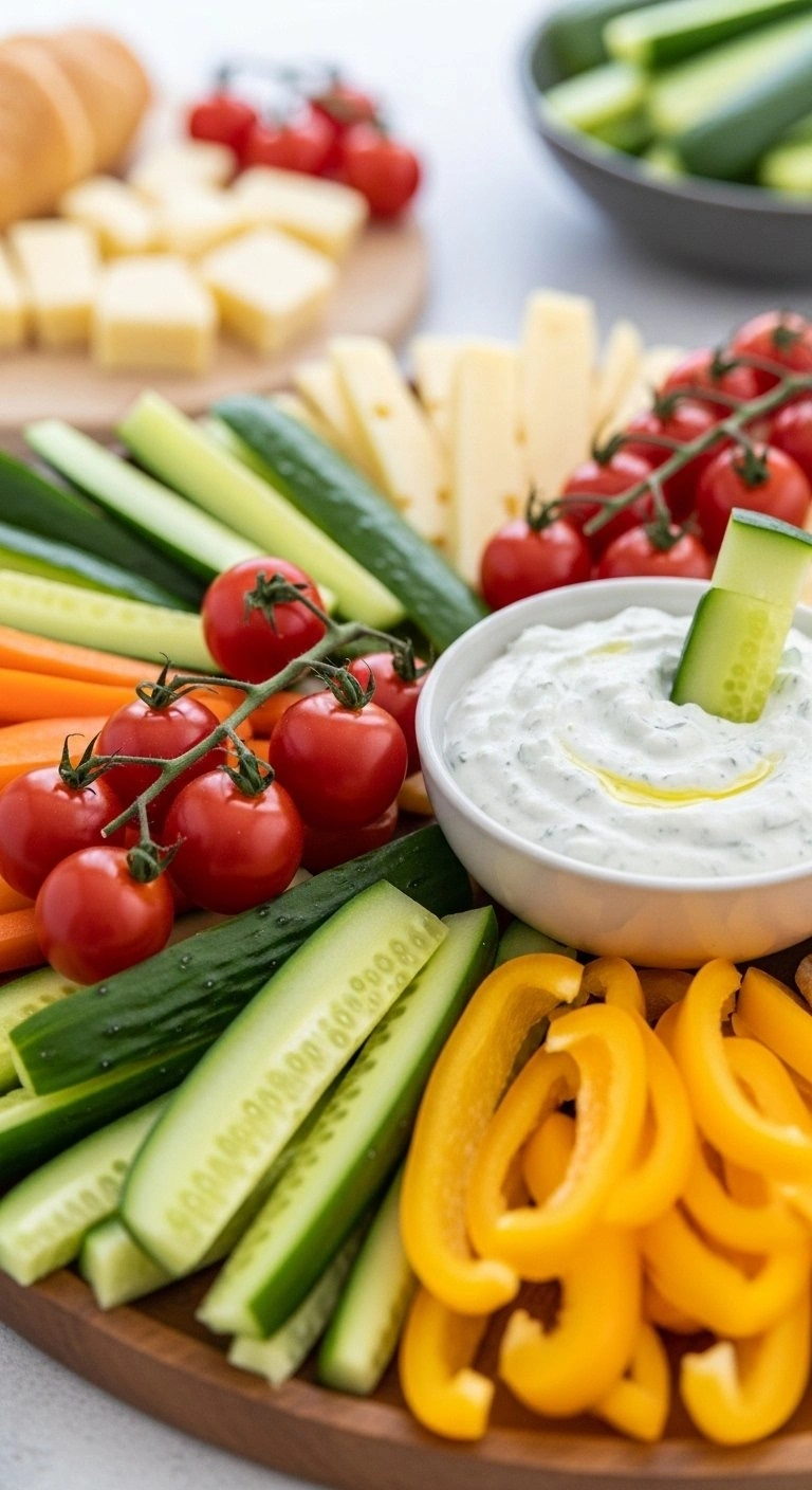 Vibrant Mediterranean Vegetable Platter With Crisp Cucumber Sticks, Cherry Tomatoes, And Sweet Bell Peppers With Dip.