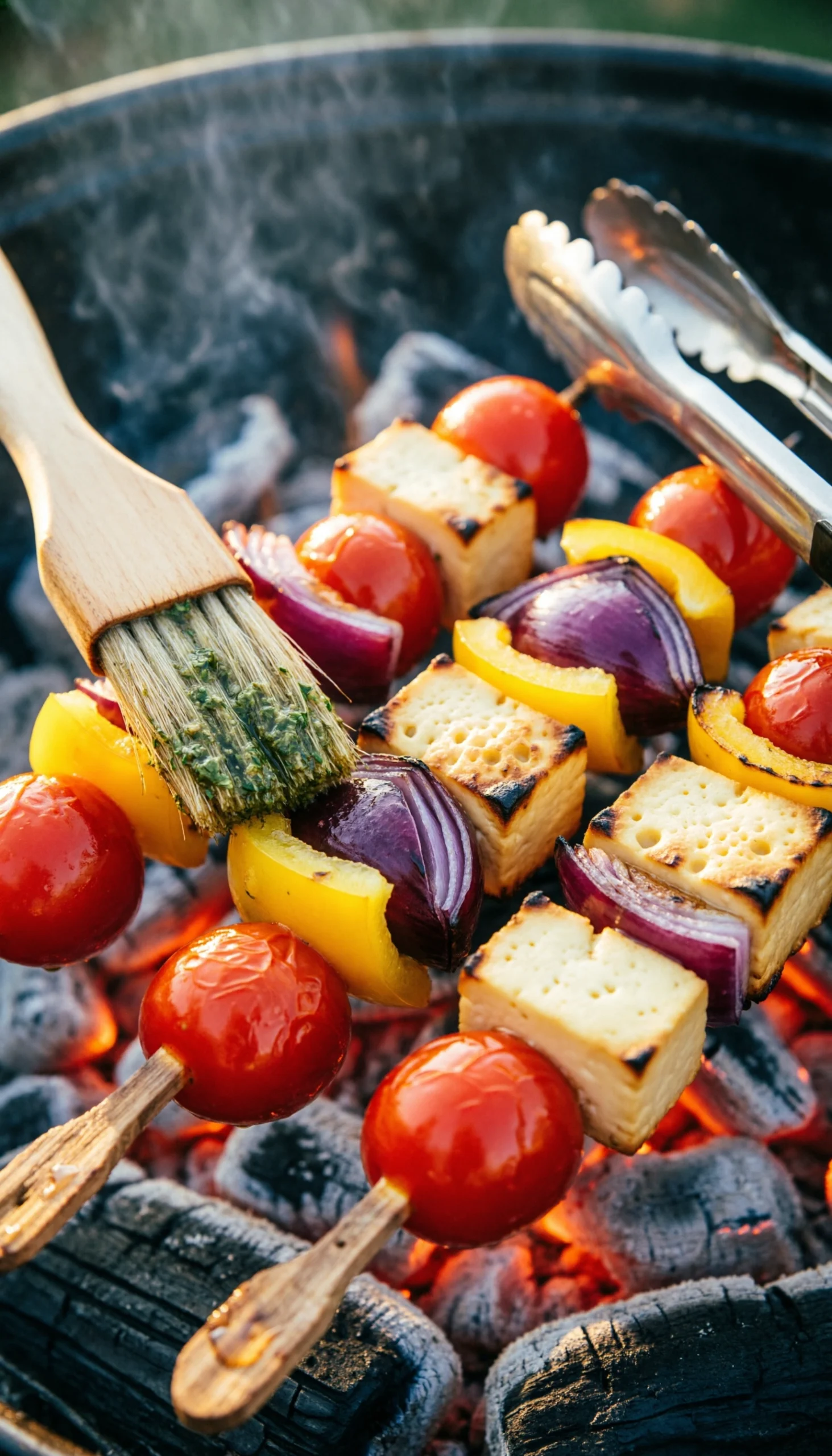 Vibrant Mediterranean vegetable skewers with cherry tomatoes and peppers grilling over open flames in the sun.