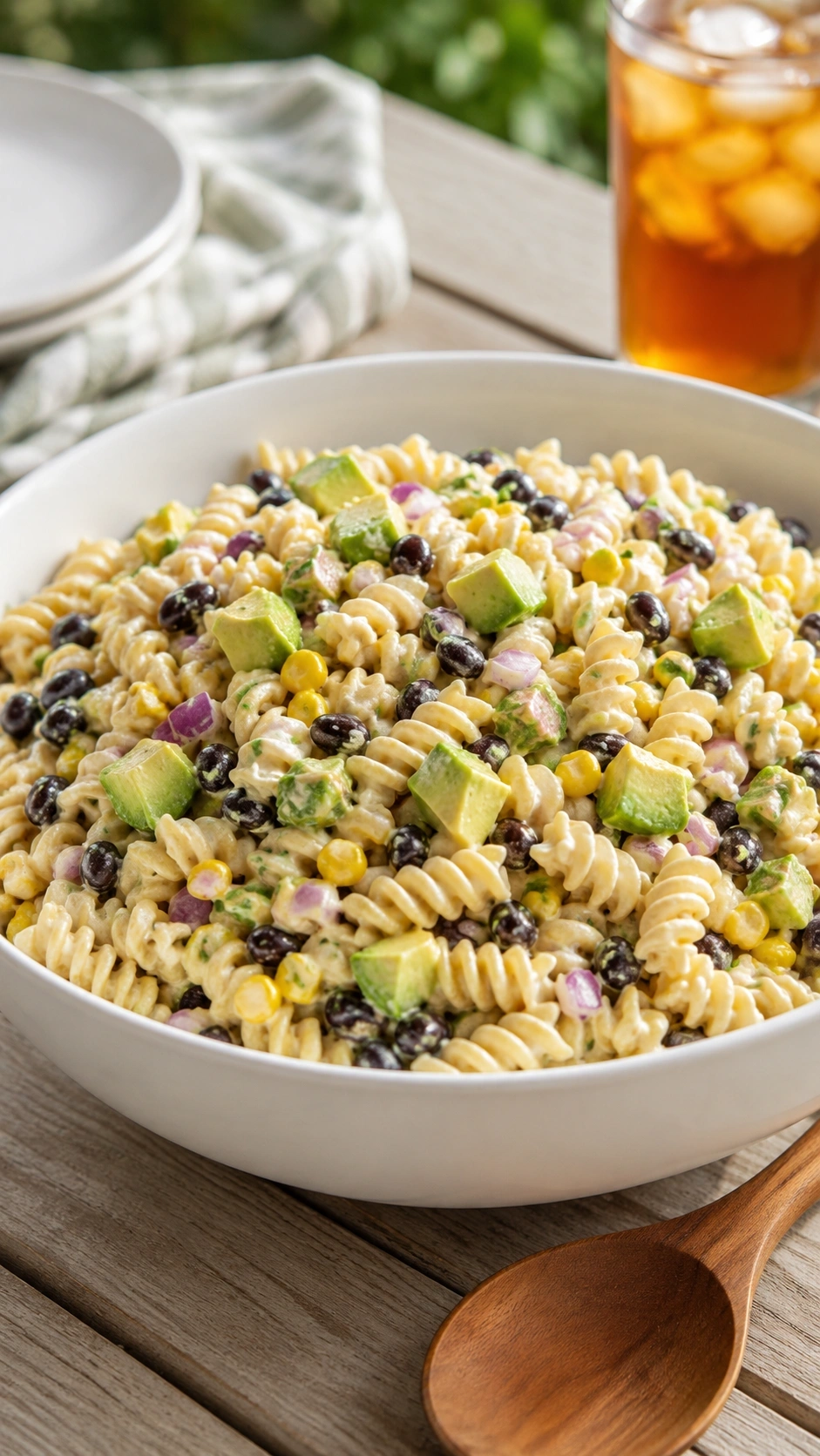 Vibrant Mexican pasta salad with rotini, black beans, corn, and avocado in a white bowl on a wooden picnic table.