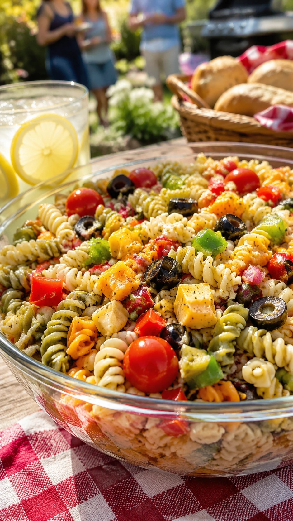 Vibrant Southern pasta salad with tri-color rotini, tomatoes, olives, bell peppers, and cheese in a glass bowl.