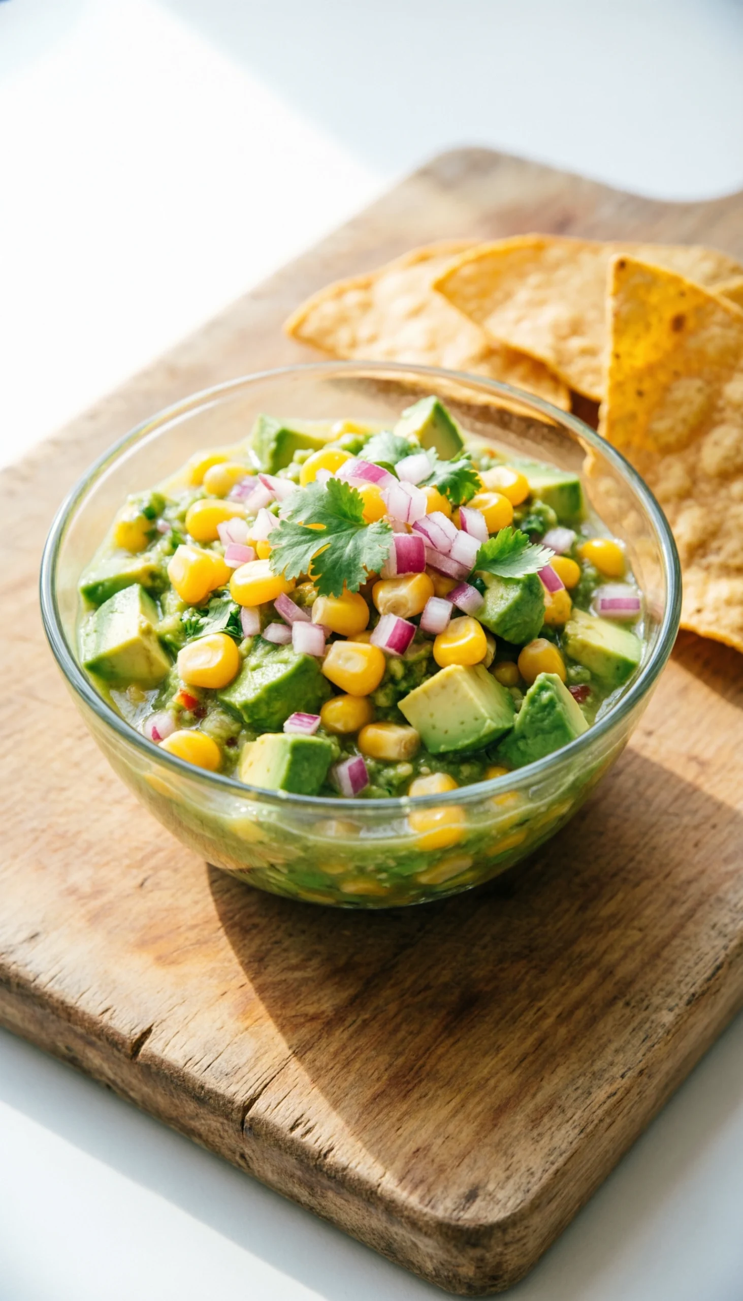 Vibrant avocado and corn salsa with red onion and cilantro in a glass bowl, served with tortilla chips on wood.