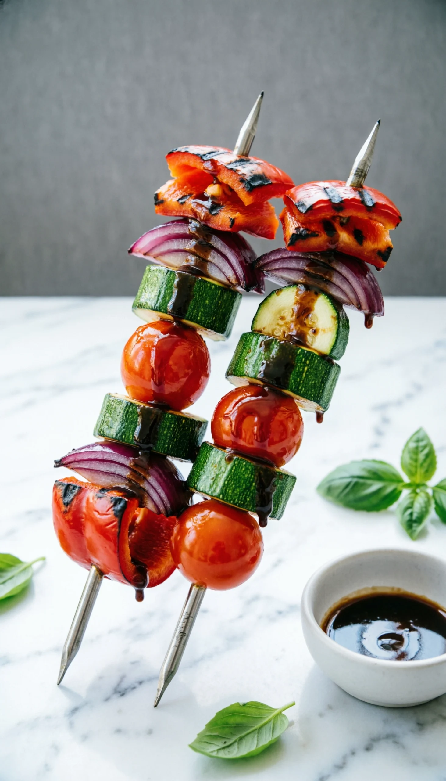Vibrant balsamic glazed grilled vegetable skewers with red bell peppers, onions, zucchini, and cherry tomatoes on white marble.