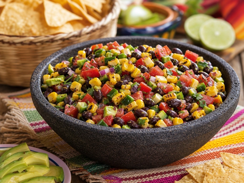 Vibrant black bean and charred corn salsa with jalapeños in a stone bowl served with crispy tortilla chips on a wood table.