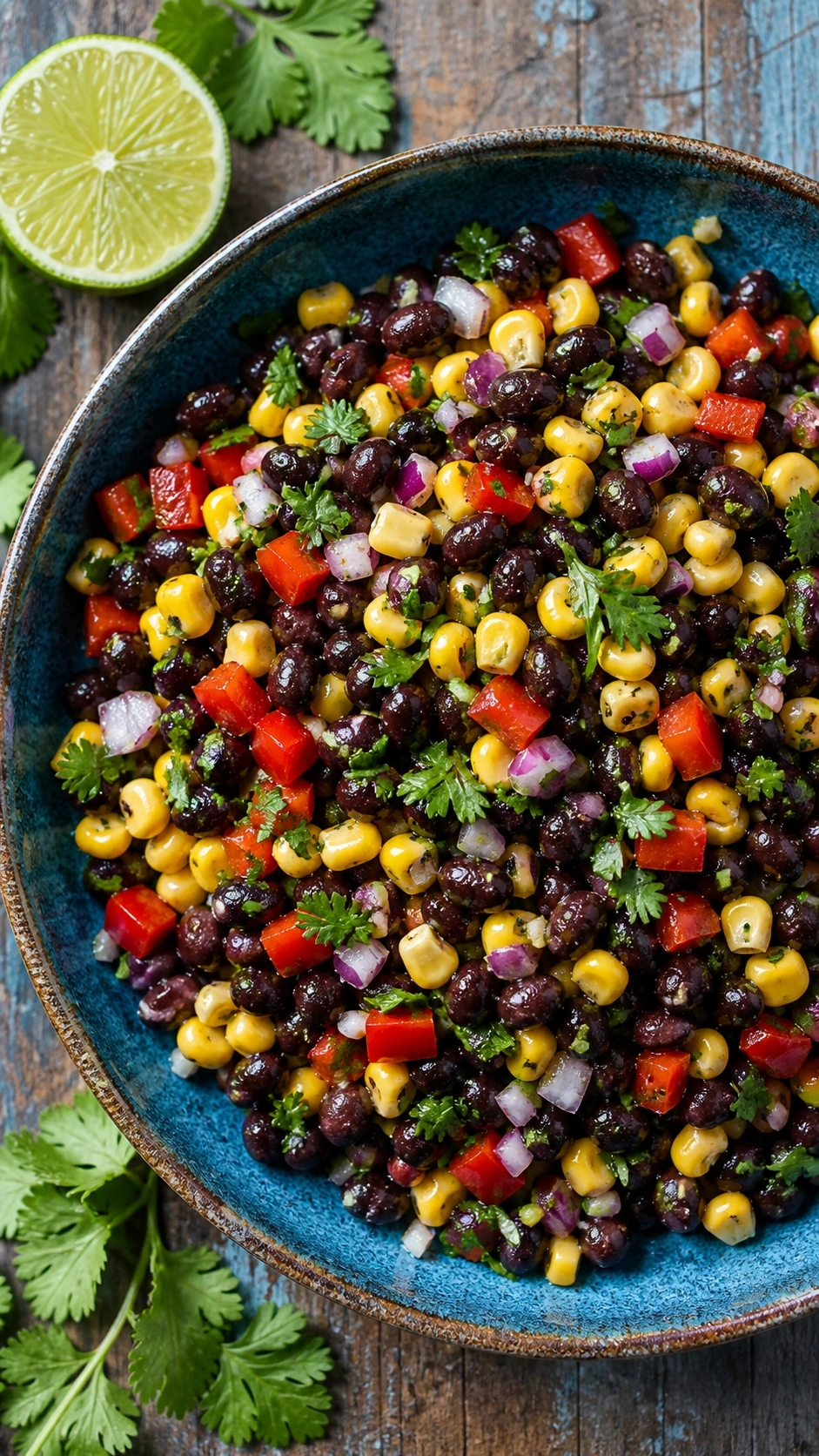 Vibrant black bean and corn salad with red peppers and cilantro in a rustic blue bowl on wood.