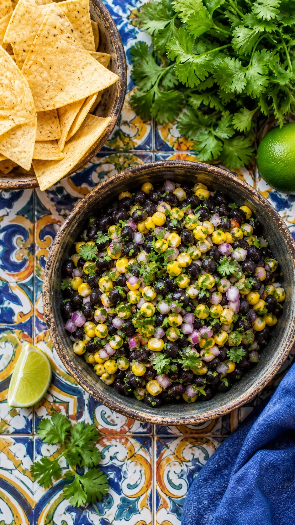 Vibrant black bean and corn salsa with black beans, corn, red onion, and cilantro, glistening with lime dressing in a rustic bowl.