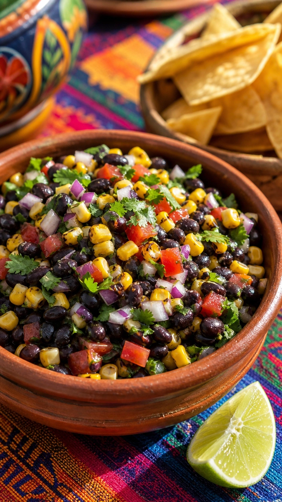 Vibrant black bean and corn salsa with red onion and cilantro in a rustic terracotta bowl with tortilla chips.