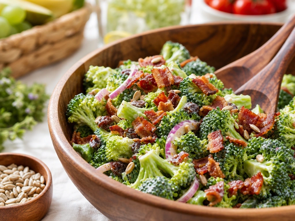 Vibrant broccoli salad with bacon, red onion, raisins, and sunflower seeds in a creamy dressing, in a wooden bowl.