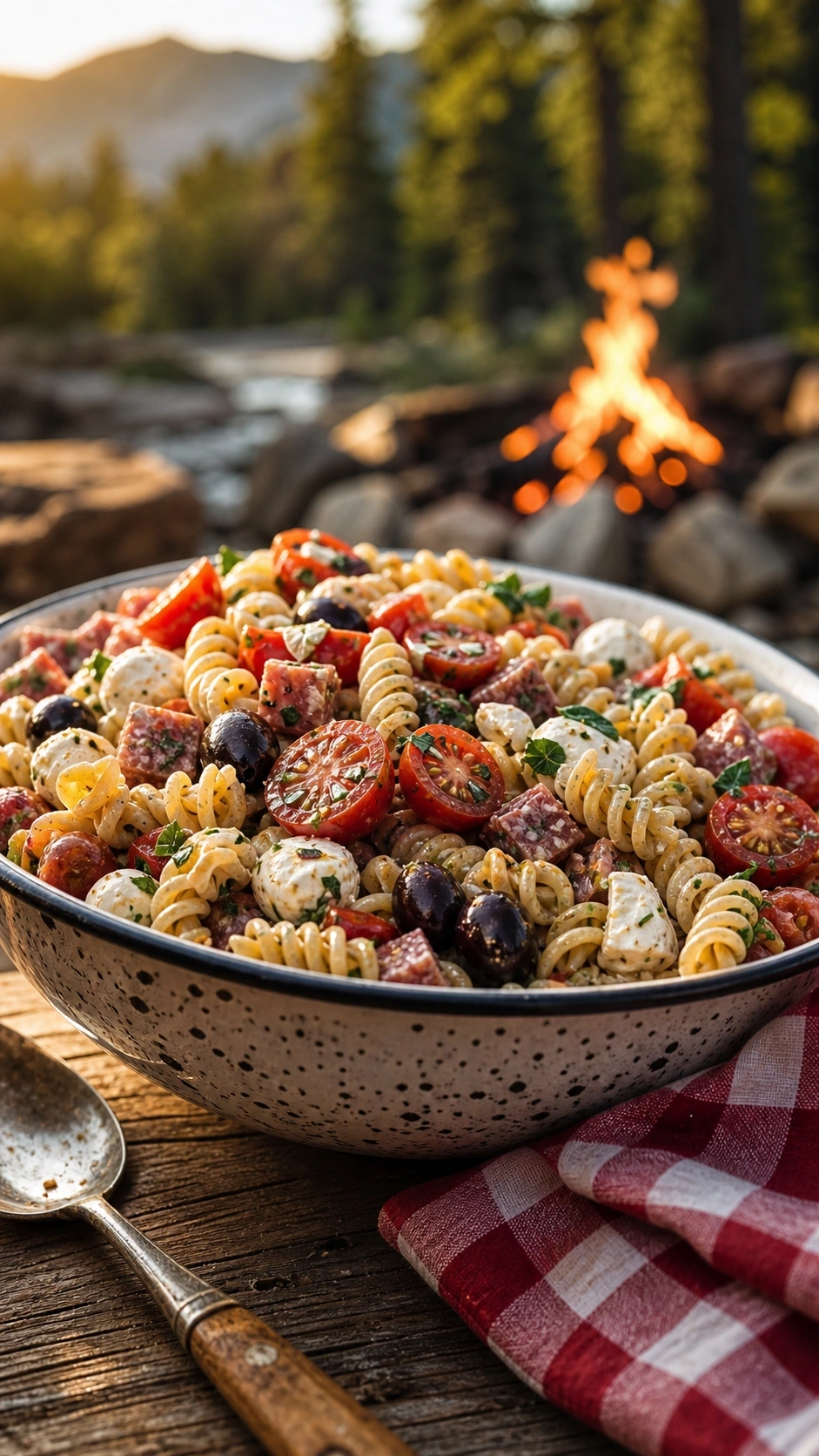 Vibrant campfire pasta salad with rotini, cherry tomatoes, olives, salami, and mozzarella in an enamel bowl on a picnic table.