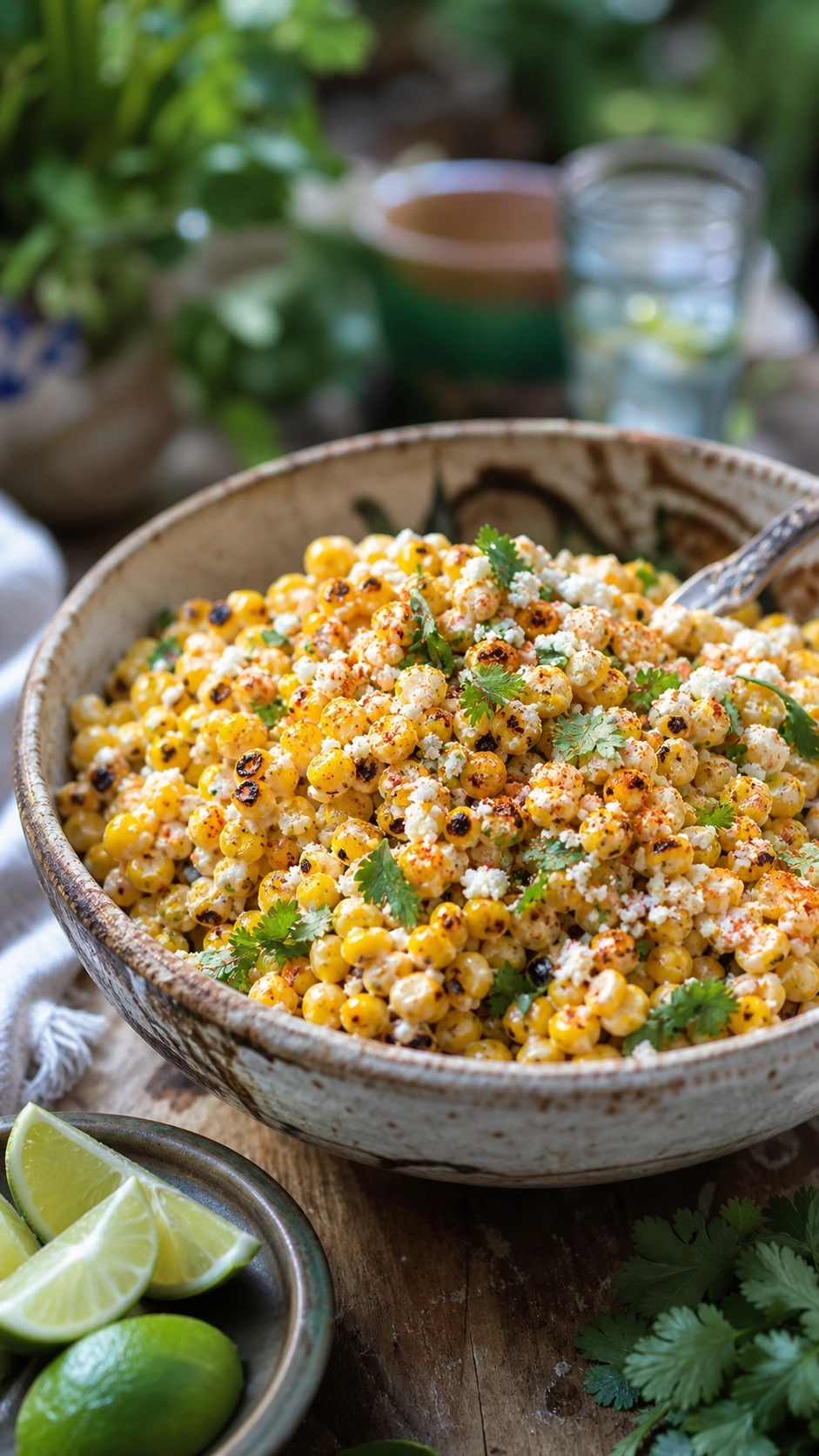 Vibrant Charred Mexican Street Corn (Esquites) With Cotija, Cilantro, And Chili Powder In A Rustic Bowl, With Fresh Lime.