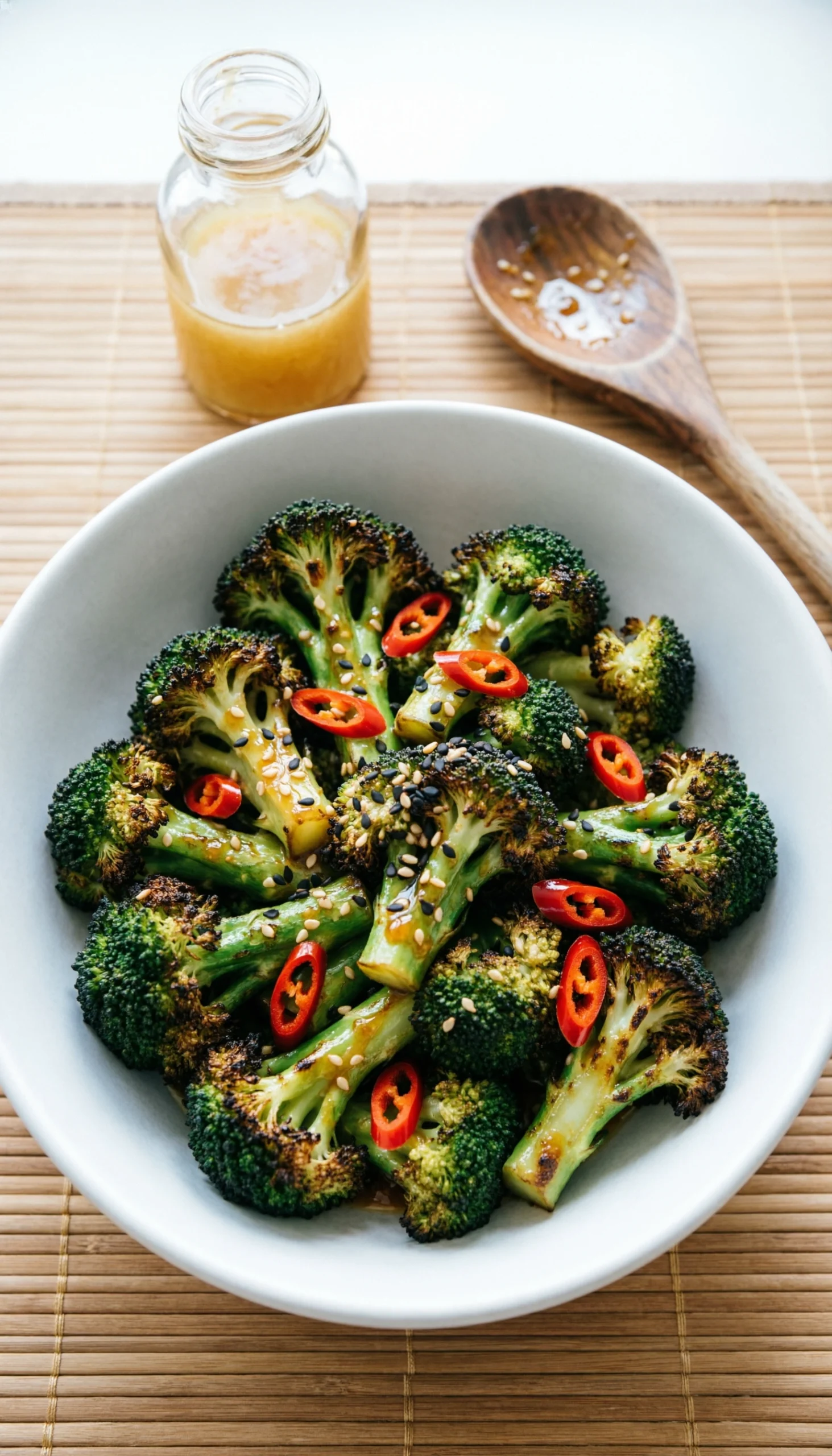 Vibrant charred broccoli salad with sesame ginger dressing, topped with sesame seeds and red chilies in an elegant ceramic bowl.