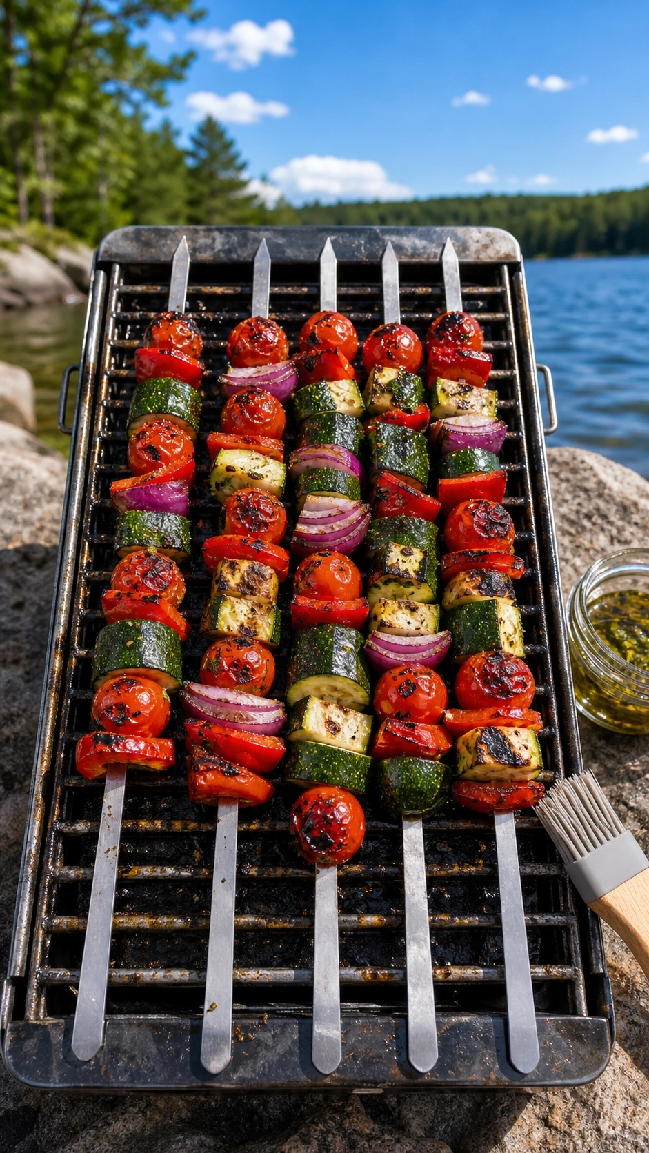 Vibrant charred vegetable camping skewers with zucchini, bell pepper, onion, and tomatoes on a grill grate by a lake.