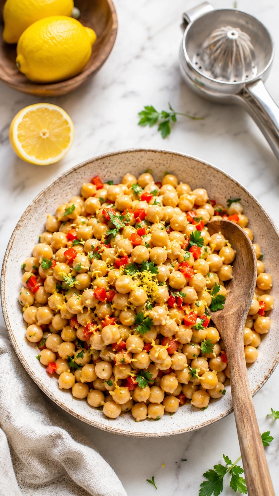 Vibrant chickpea salad with lemon zest and red peppers on a marble surface for a bright and healthy summer luncheon.