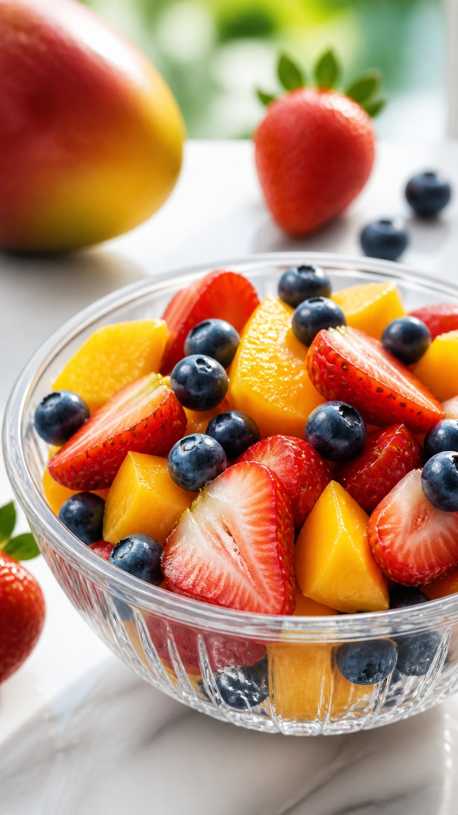 Vibrant, colorful fruit salad with fresh strawberries, blueberries, and mango chunks glistening in a crystal clear bowl.
