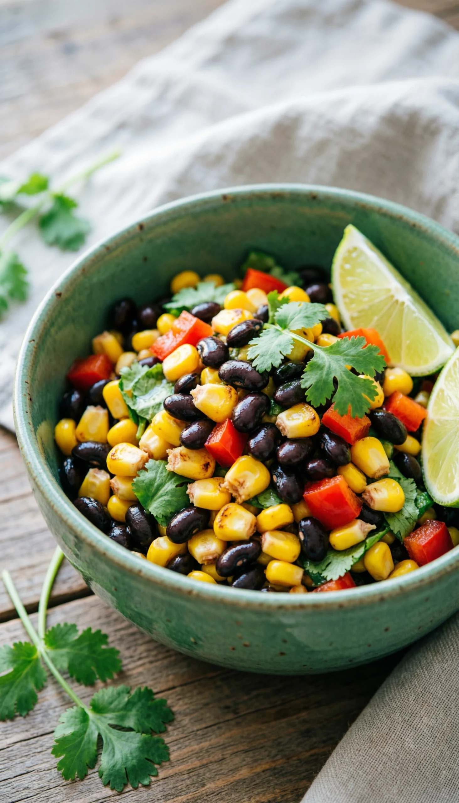 Vibrant corn and black bean fiesta salad with roasted corn, red bell peppers, cilantro, and zesty lime dressing in a turquoise bowl.