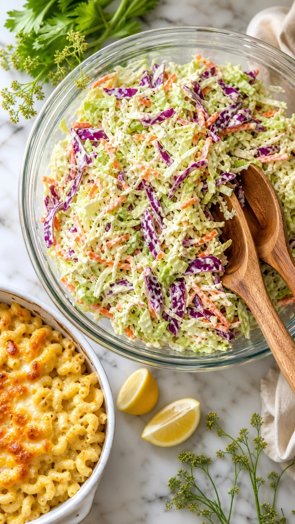 Vibrant creamy coleslaw with cabbage, carrots, and buttermilk dressing in a glass bowl, next to baked macaroni.