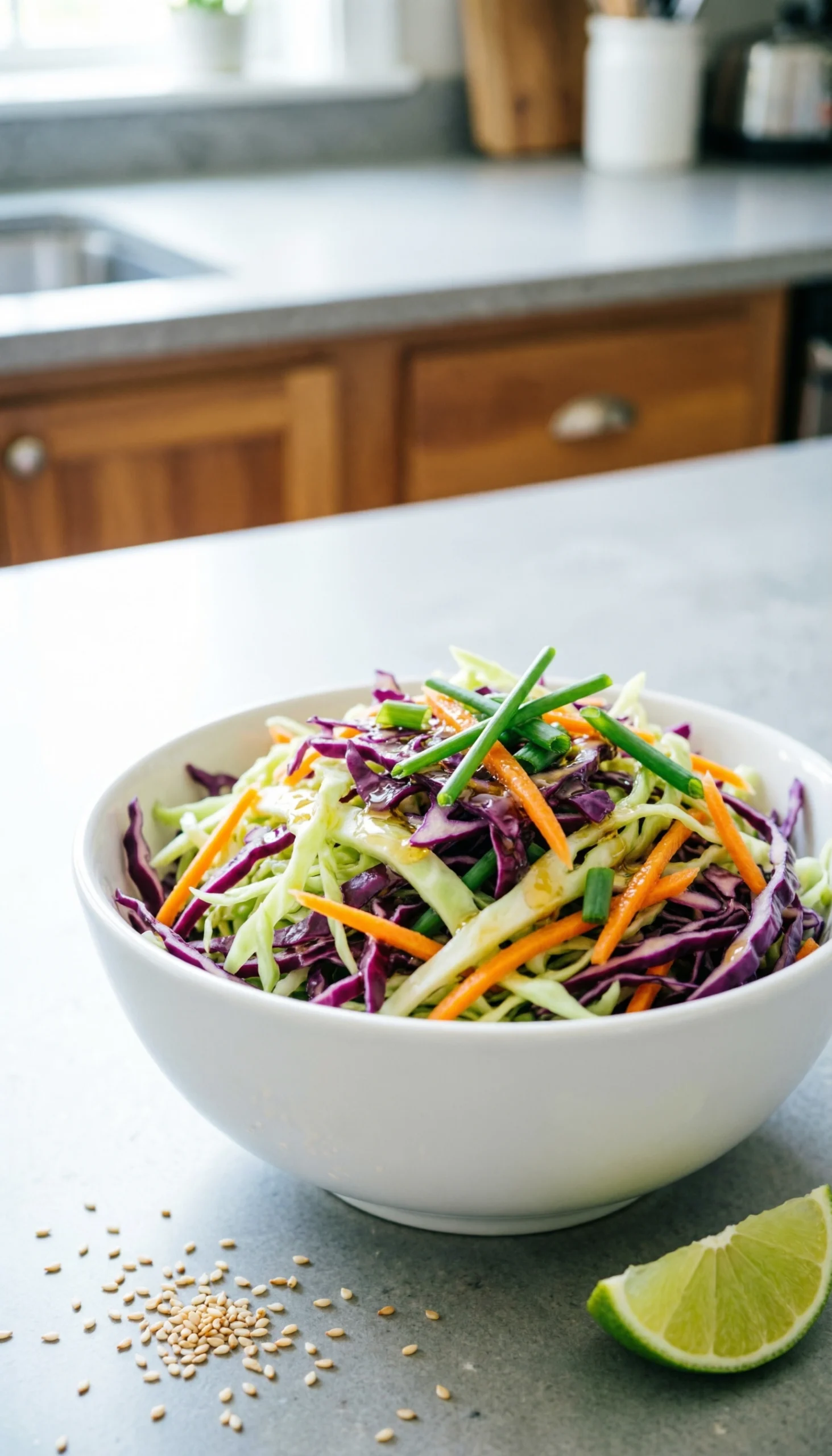 Vibrant Crunchy Coleslaw With Purple And Green Cabbage, Carrots, And Green Onions In A White Ceramic Bowl On A Light Gray Stone Surface.