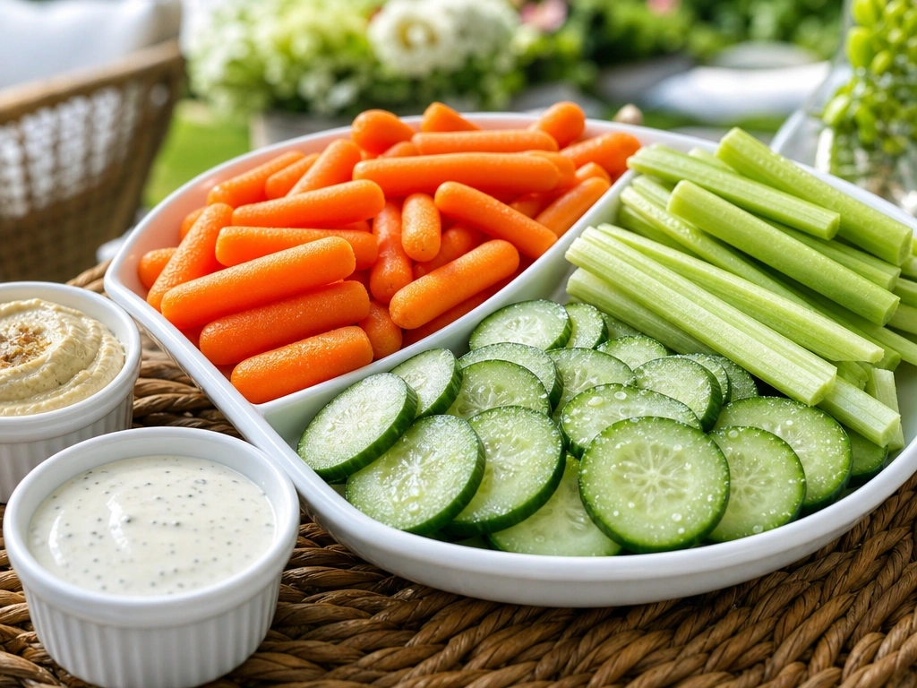 Vibrant crunchy vegetable tray with baby carrots, celery, and cucumber slices, served with ranch and hummus dip.