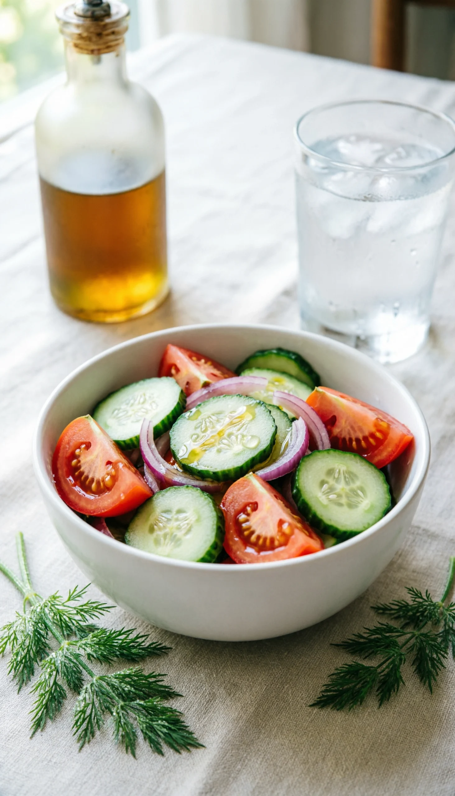 Vibrant cucumber tomato salad with crisp cucumbers, red tomatoes, and fresh dill in a white bowl on a linen tablecloth.