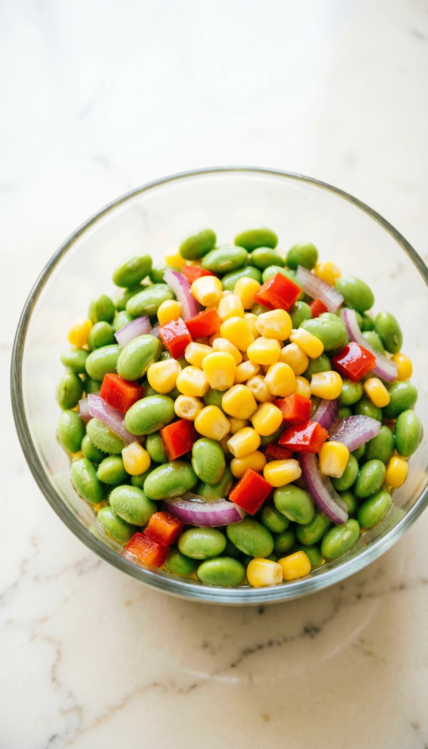 Vibrant edamame and corn salad with green edamame, yellow corn, red bell pepper, and onion in a modern glass bowl.