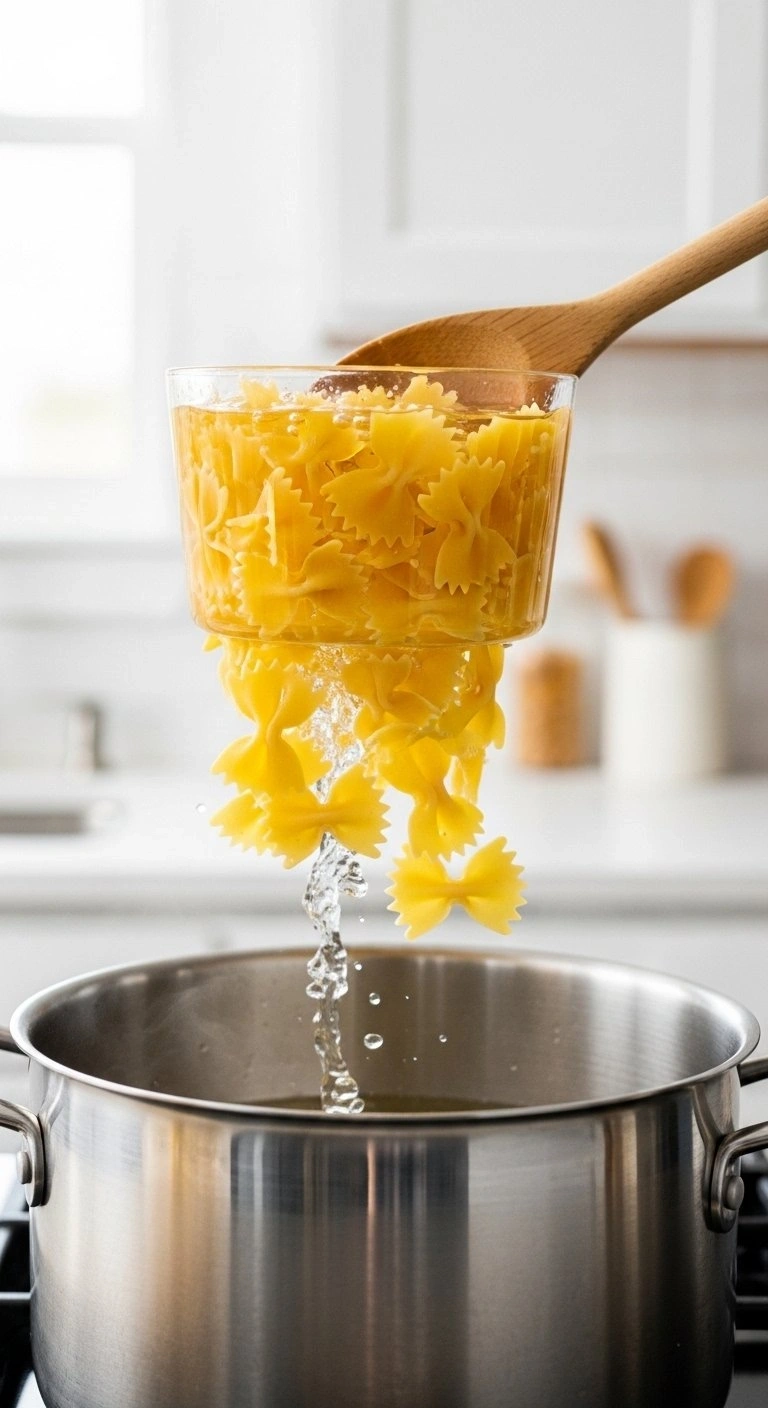 Vibrant Farfalle Bowtie Pasta Boils In A Sleek Stainless Steel Stockpot, With Steam Rising In A Bright Kitchen Setting.