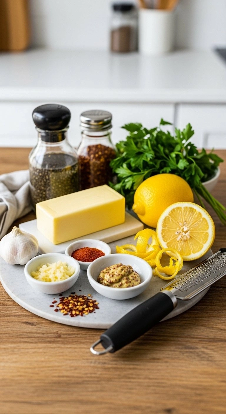Vibrant Flat Lay Of Fresh Cowboy Butter Sauce Ingredients: Yellow Butter, Minced Garlic, Dijon, Red Pepper Flakes, Parsley, And Lemon.