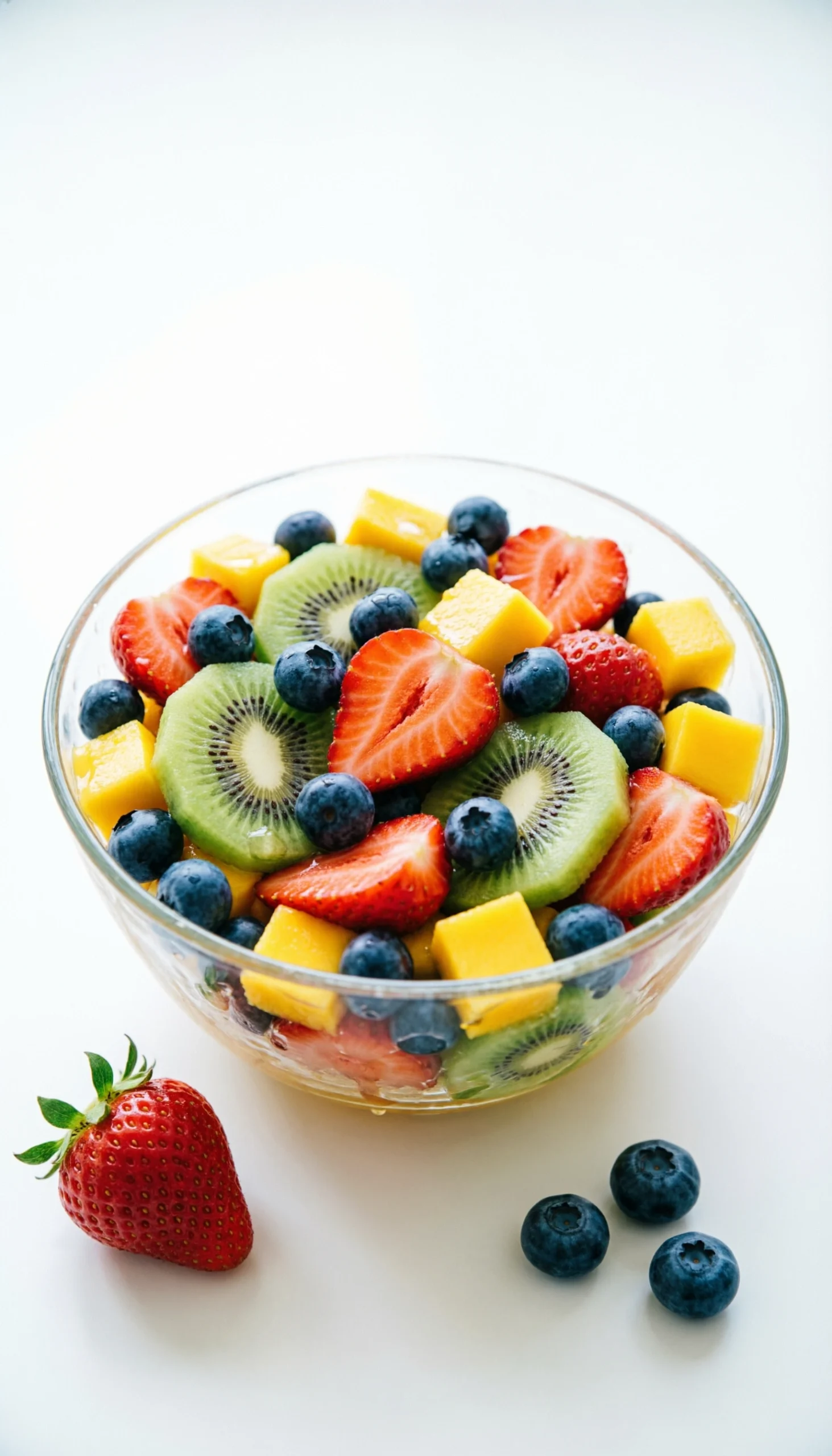 Vibrant Fruit Salad With Fresh Strawberries, Blueberries, Kiwi, And Mango In A Clear Glass Bowl On White Background.
