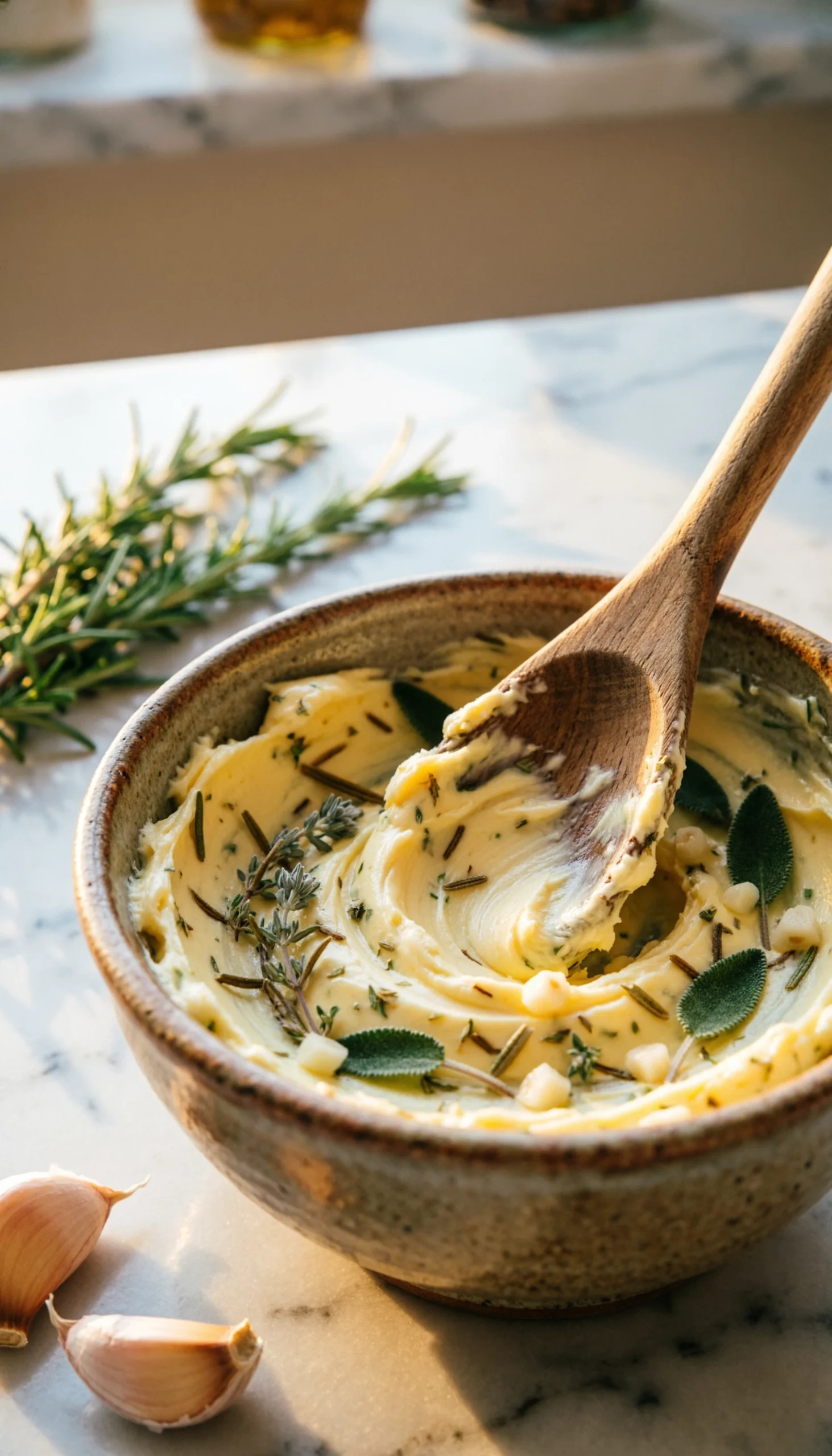 Vibrant garlic herb compound butter mixed with fresh rosemary and thyme in a rustic bowl for seasoning turkey.