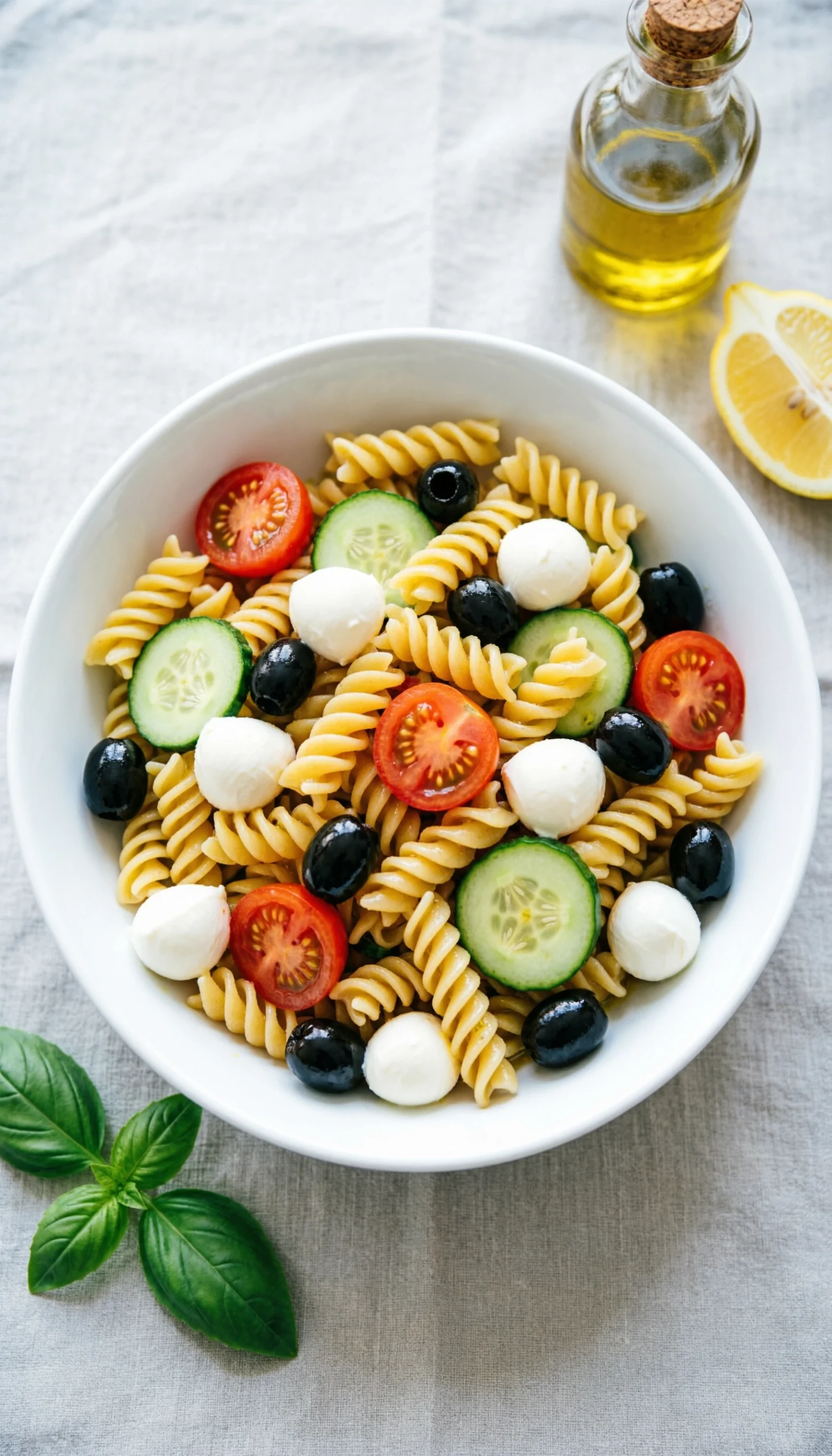 Vibrant gluten-free rotini pasta salad with tomatoes, olives, cucumbers, and mozzarella in a white bowl on linen.