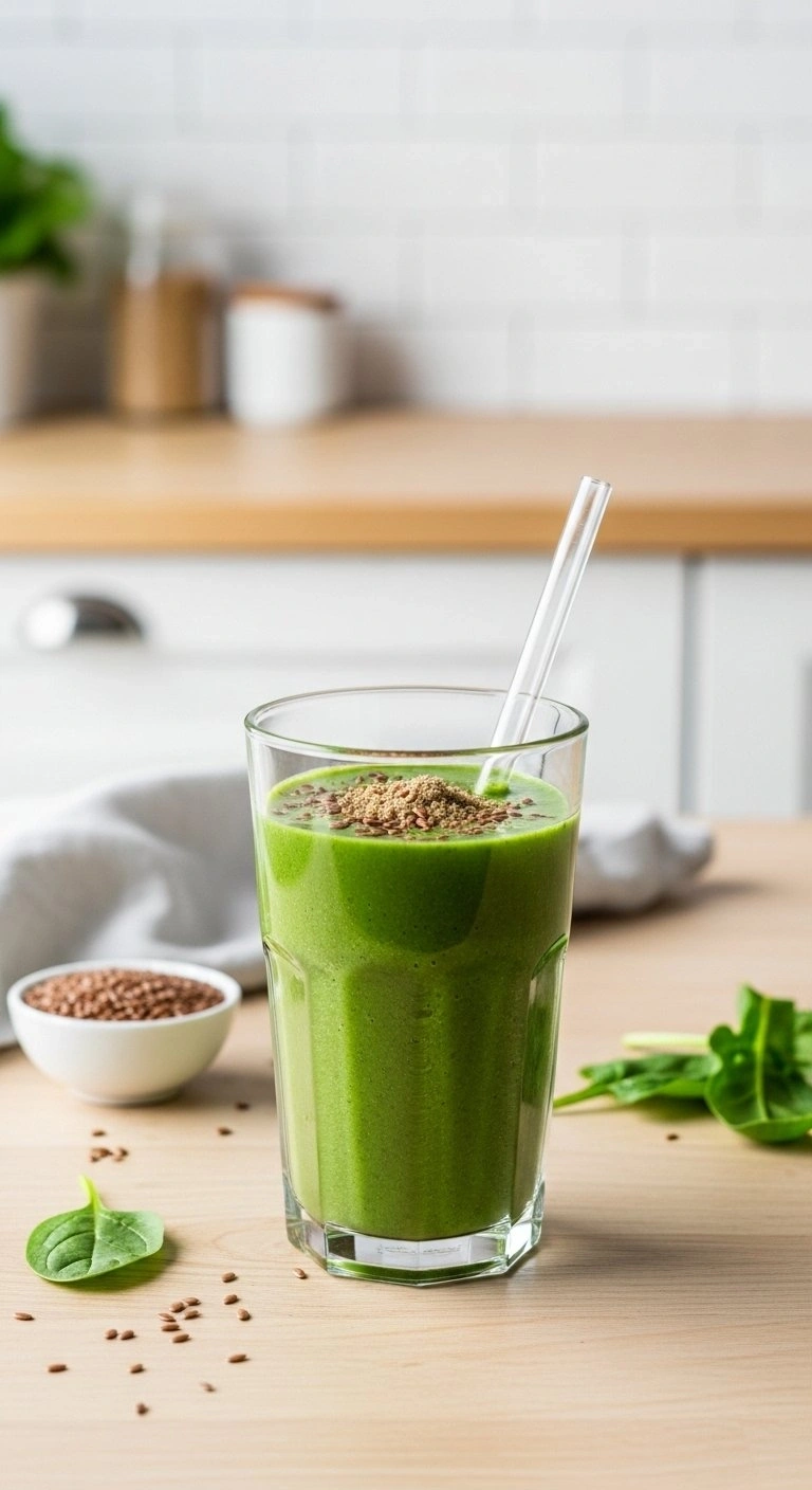 Vibrant Green Spinach Smoothie With Flaxseed And A Reusable Straw On A Light Wooden Table In A Minimalist Kitchen.