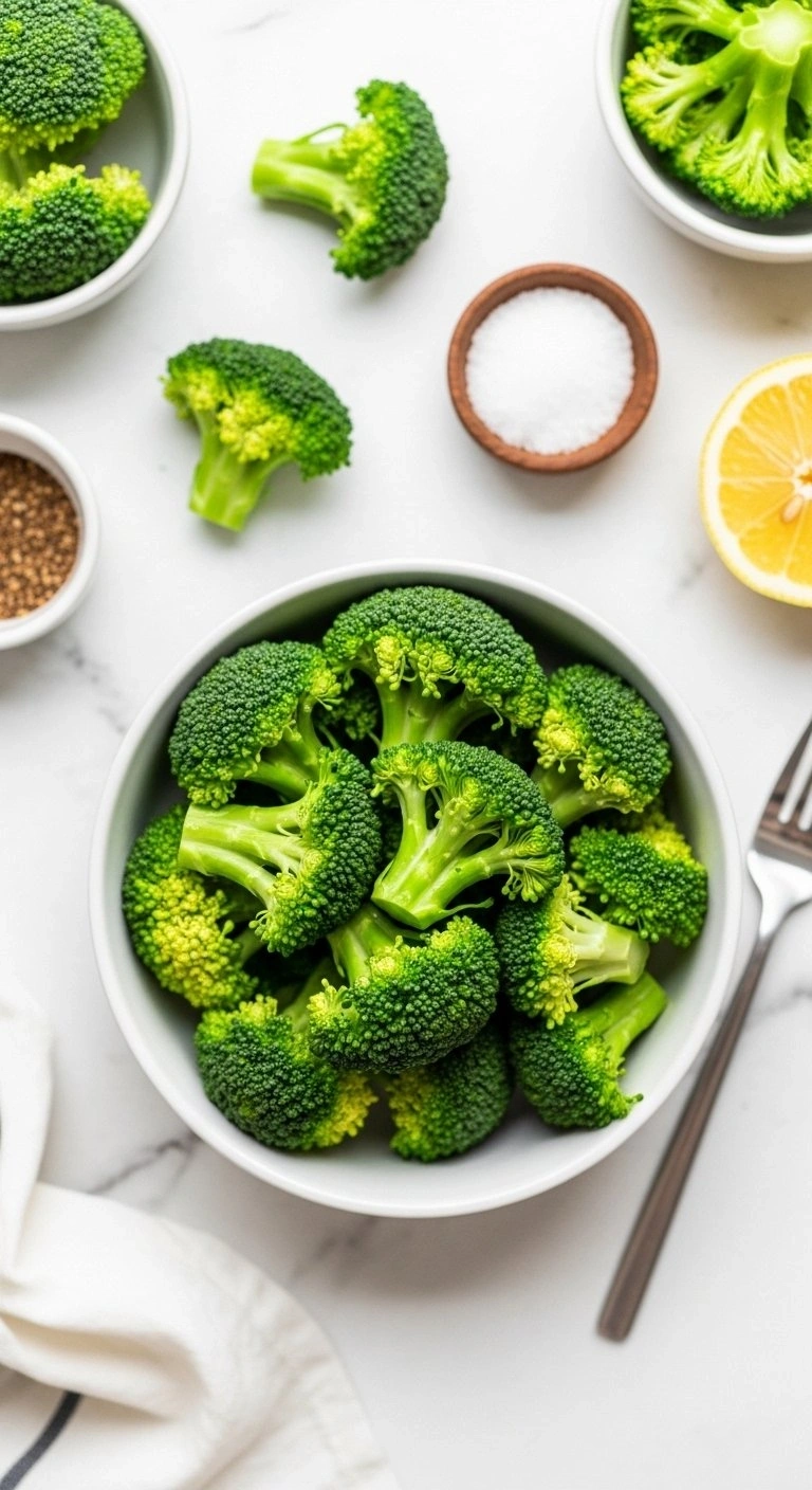 Vibrant Green Steamed Broccoli Florets In A White Ceramic Bowl On Marble, Garnished With A Lemon Wedge For A Healthy Meal.