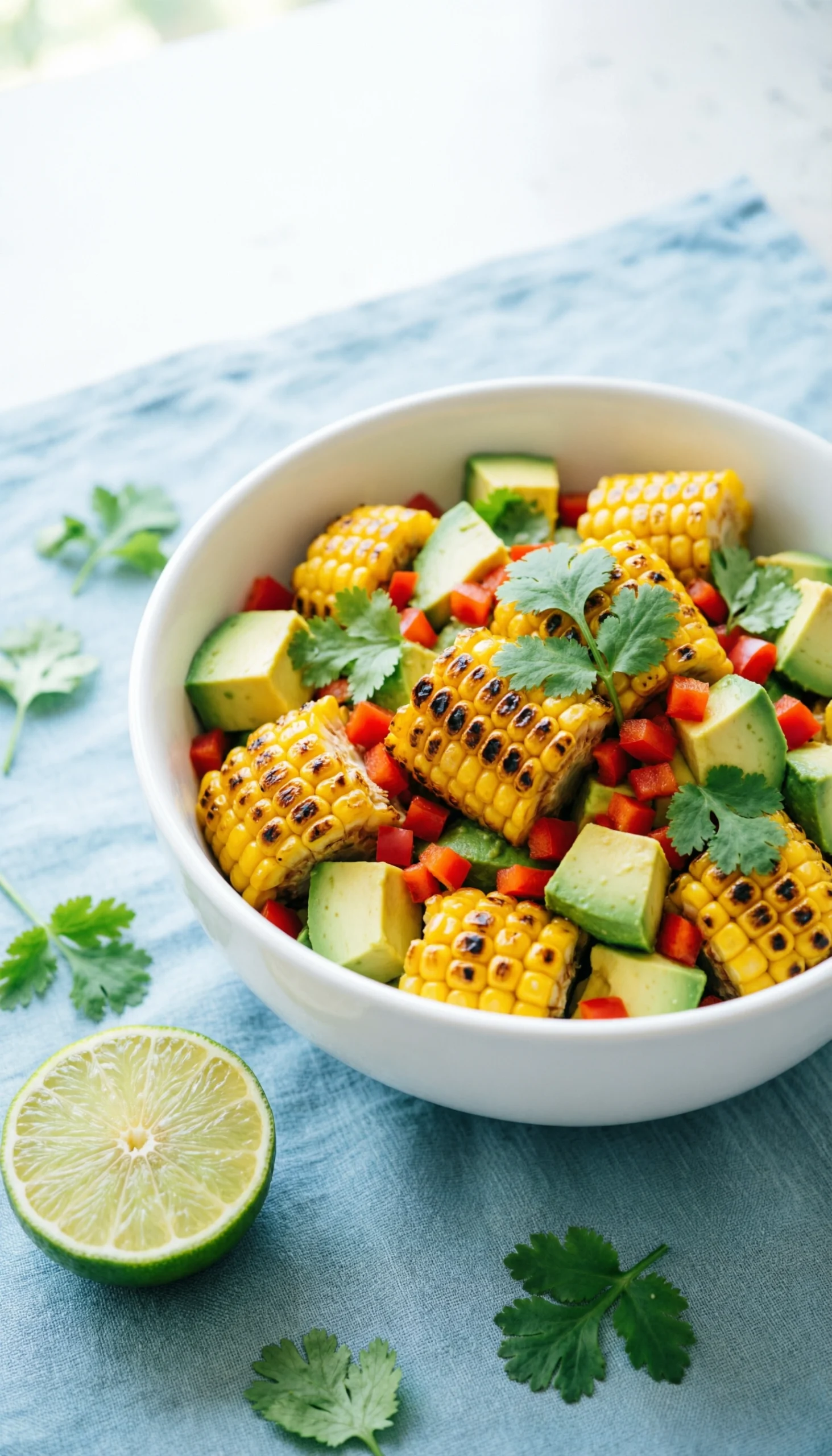 Vibrant grilled corn and avocado salad with red bell pepper and cilantro in a white bowl on a light blue linen tablecloth.