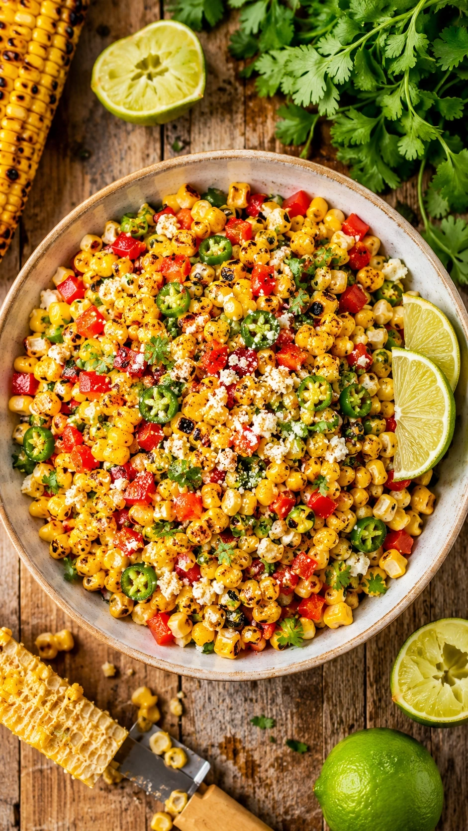 Vibrant grilled corn salad with charred kernels, red peppers, and cotija cheese, garnished with lime, on a wooden picnic table.