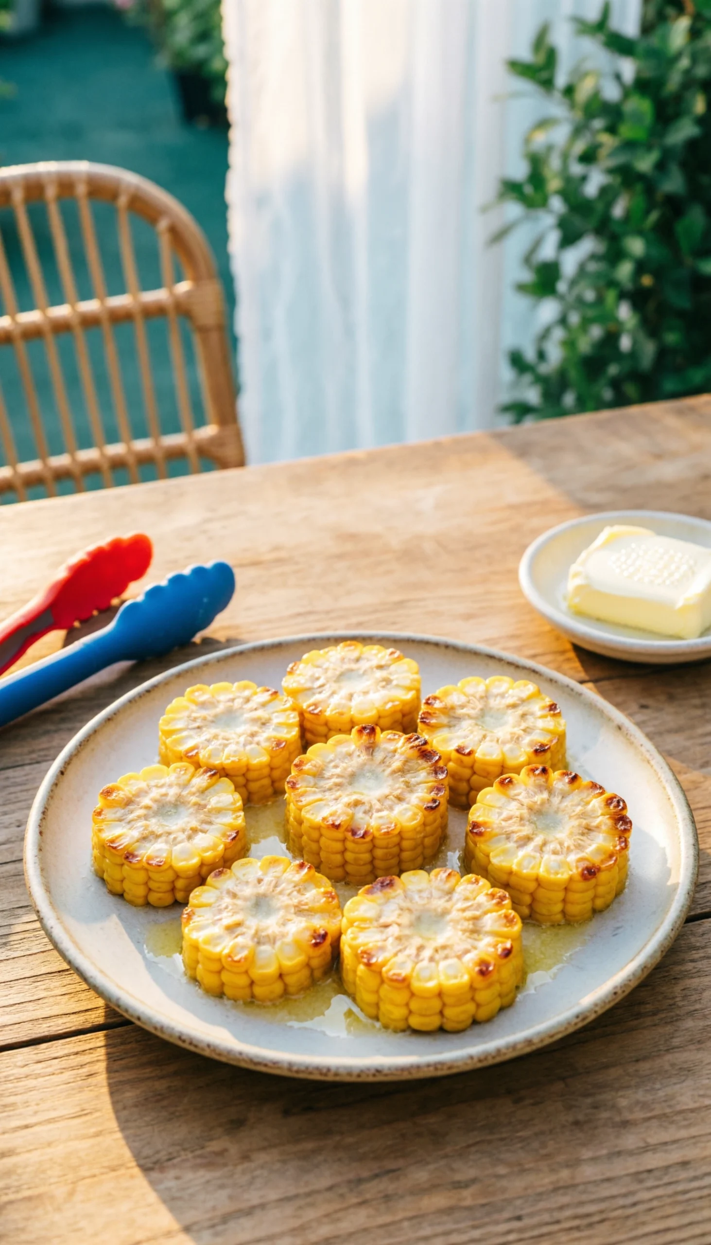 Vibrant grilled sweet corn, sliced into buttered rounds with plump kernels, served on a vintage plate with safety holders.