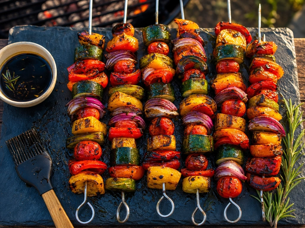 Vibrant grilled vegetable skewers with charred bell peppers, zucchini, red onions, and cherry tomatoes, glistening with balsamic glaze.