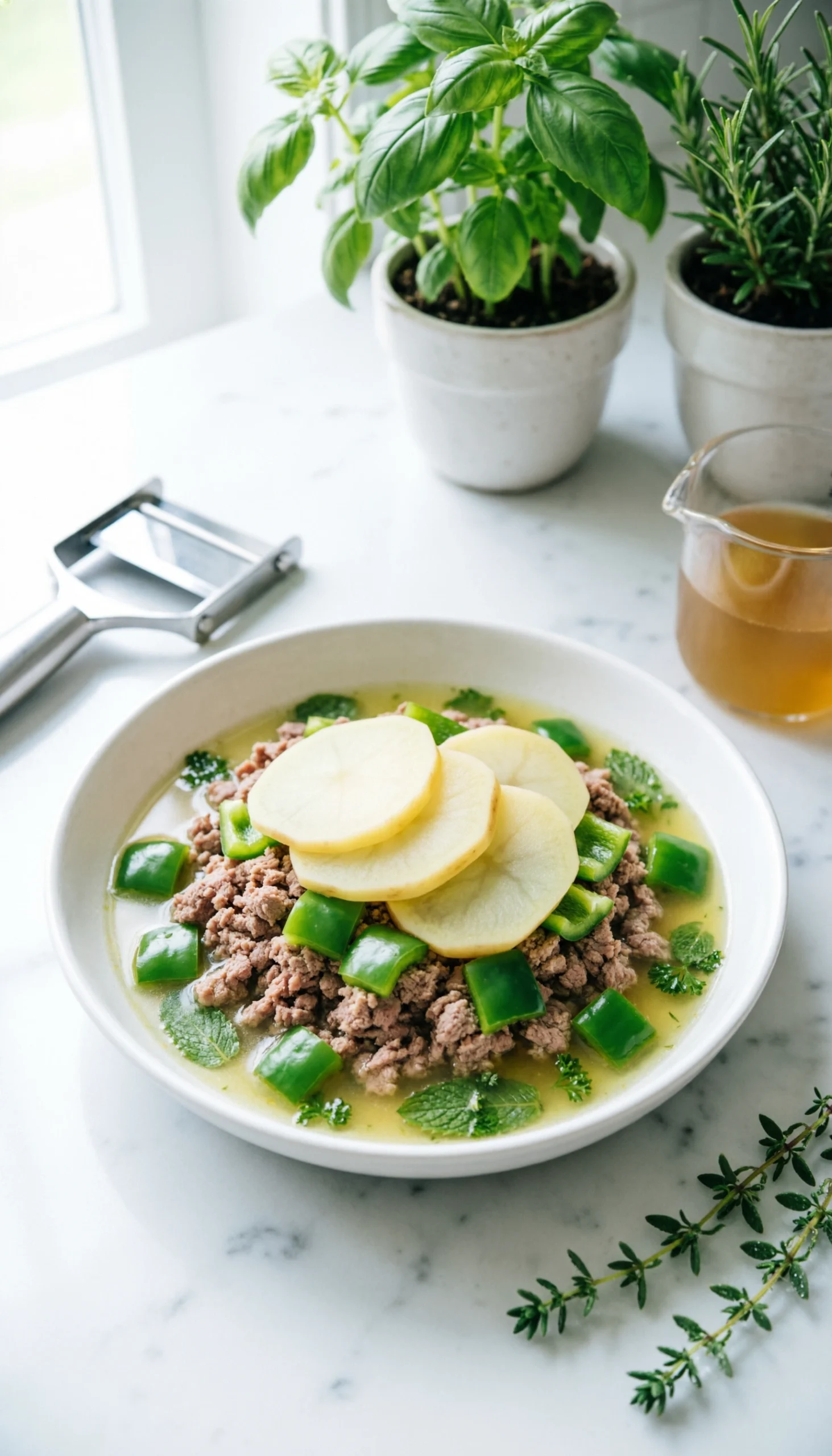 Vibrant healthy hobo casserole with lean ground turkey, sliced potatoes, green bell peppers, and light herb broth.