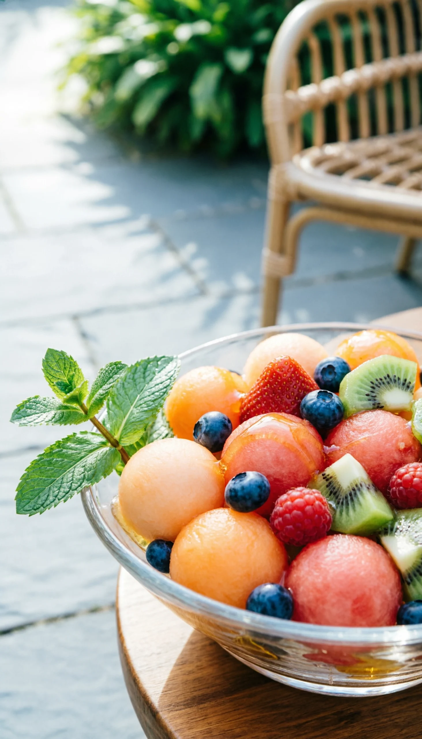Vibrant honey-glazed fruit salad with melon balls, fresh berries, and kiwi in a glass bowl on a sunny patio.